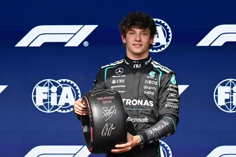 Kimi Antonelli holds his Pirelli pole position award