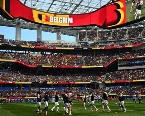 Belgium players warm up before the World Cup quarter-final against Spain in Los Angeles.