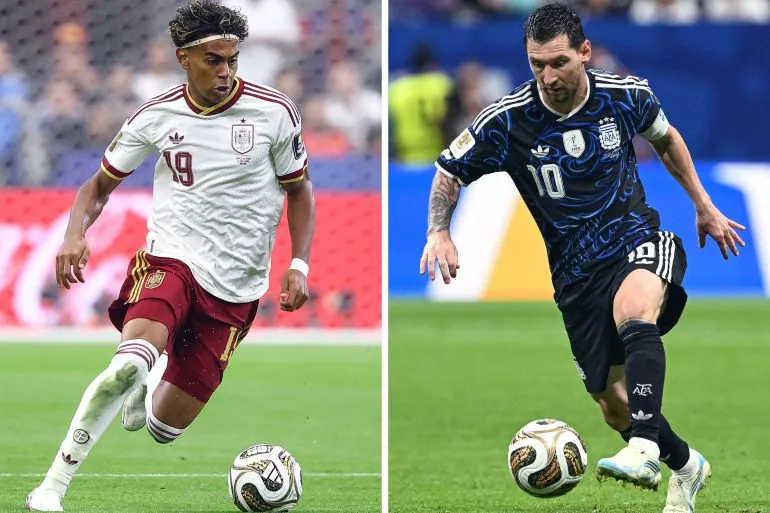 (COMBO) This combination of file photos created on July 16, 2026, shows Spain's forward #19 Lamine Yamal in Arlington on July 14, 2026 (L); and Argentina's forward #10 Lionel Messi in Atlanta on July 15, 2026. Spain and Argentina will meet in the 2026 World Cup football tournament final match at the New York/New Jersey Stadium in East Rutherford on July 19, 2026. (Photo by Charly TRIBALLEAU and Roberto SCHMIDT / AFP)