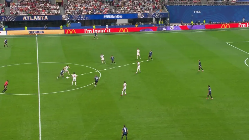 Screengrab from Argentina vs England showing Elliot Anderson intercepting a pass intended for Lionel Messi
